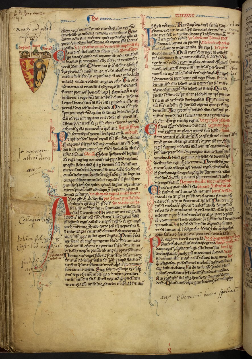 Royal 14 C.VII ff.86v زخرفة الحدود مع شعار النبالة لريتشارد قلب الأسد ، رسم توضيحي من "ماثيو باريس ، هيستوريا أنجلوروم ، كرونيكا الكبرى ، الجزء الثالث" بواسطة مدرسة اللغة الإنجليزية