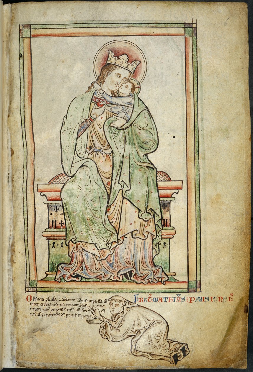 Royal 14 C. VII ، f.6 عذراء وطفل مع فنان ، رسم توضيحي من "Historia Anglorum ، Chronica Majora ، Part III" ، بقلم ماثيو باريس بواسطة مدرسة اللغة الإنجليزية