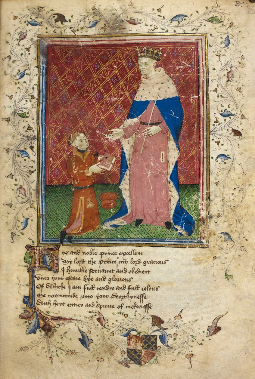 Royal 17 D. VI، f.40 مشهد تقديمي مع توماس هوكليف أثناء تقديم كتابه لهنري الخامس (ورق) بواسطة مدرسة اللغة الإنجليزية