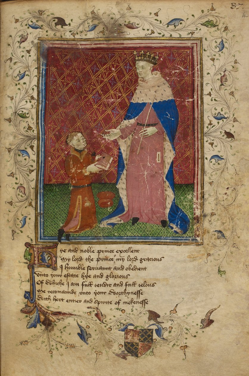 Royal 17 D. VI، f.40 Thomas Hoccleve راكعًا أثناء تقديم كتابه للملك هنري الخامس ، رسم توضيحي من "The Regement of Princes" لتوماس هوكليف (ورق) بواسطة مدرسة اللغة الإنجليزية