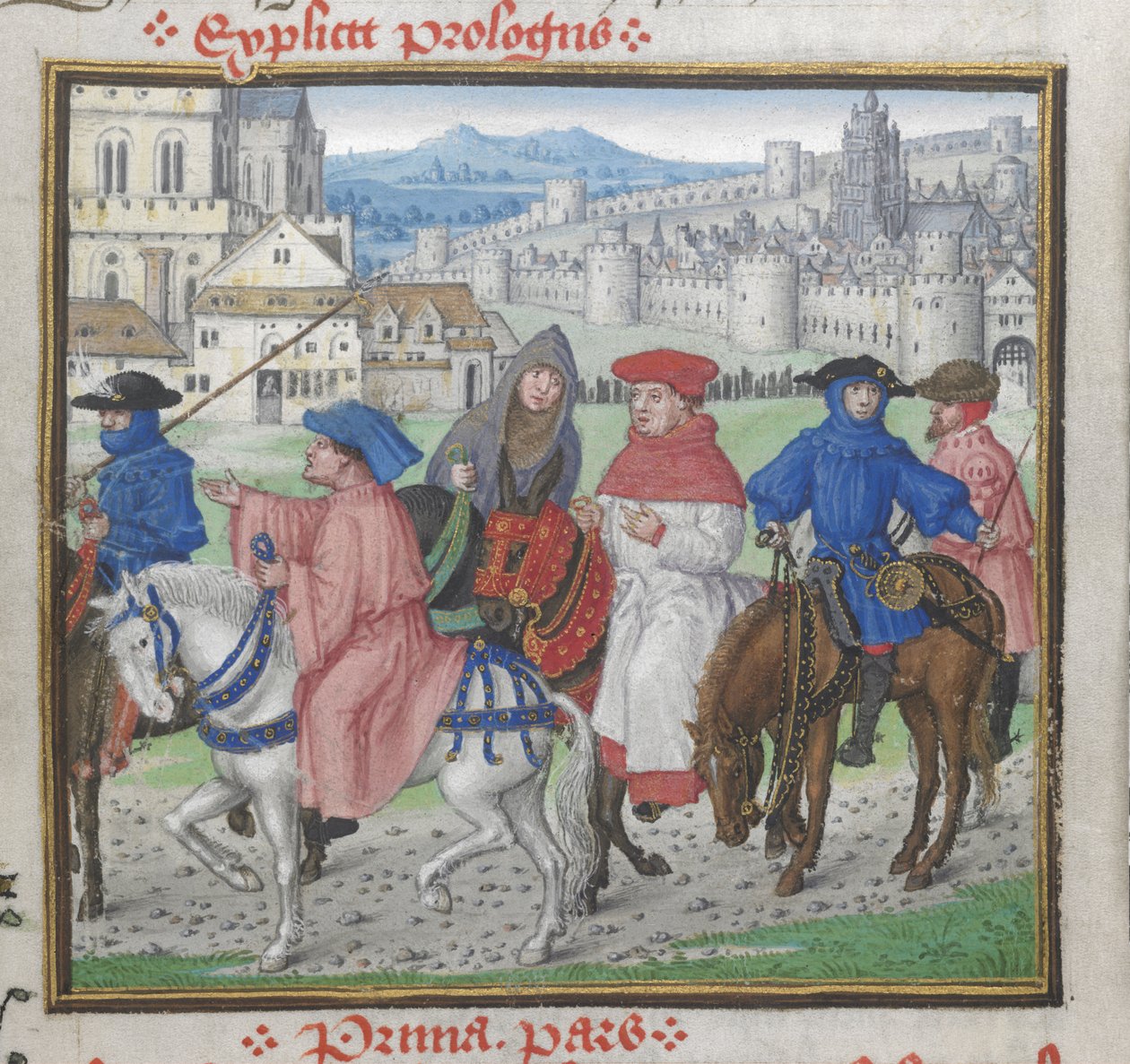 Royal 18 D. II، f.148 End of Prologue. جون ليدجيت وحجاج كانتربري يغادرون كانتربري ، رسم توضيحي من "جون ليدجيت ، كتاب تروي وحصار طيبة ، مع آيات ويليام كورنيش وجون سكيلتون وويليام بيريس وآخرين" ، حوالي 1455-62 (رق بواسطة مدرسة اللغة الإنجليزية