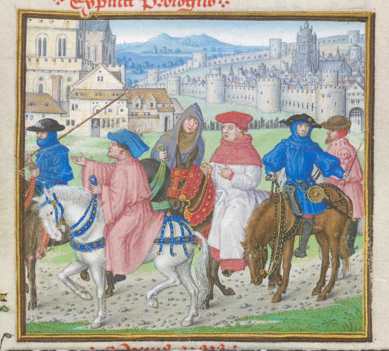 Royal 18 D II f.148 Lydgate and the Canterbury Pilgrims Leaving Canterbury من `` كتاب تروي وحصار طيبة 