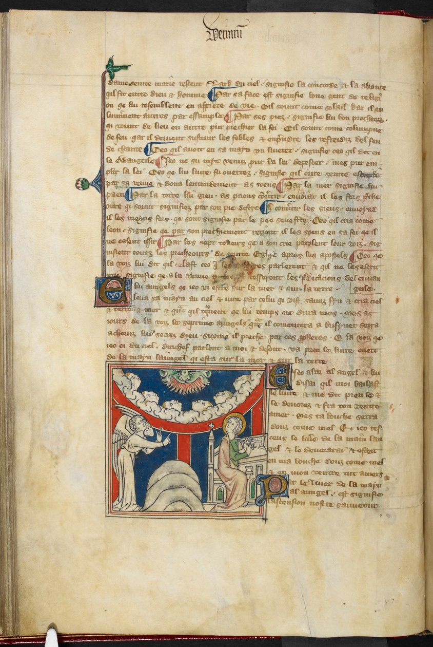 Royal 19 B.XV، f.17v فم أسد وعلى قوس مقلوب من السحابة ستة رؤوس تمثل الرعود السبعة: أسفل ، على اليسار ، الملاك ، وعلى اليمين ، جون على وشك الكتابة في الكتاب ، من "The Queen Mary Apocalypse" ، المدرسة الإنجليزية (القرن الرابع عشر) بواسطة مدرسة اللغة الإنجليزية