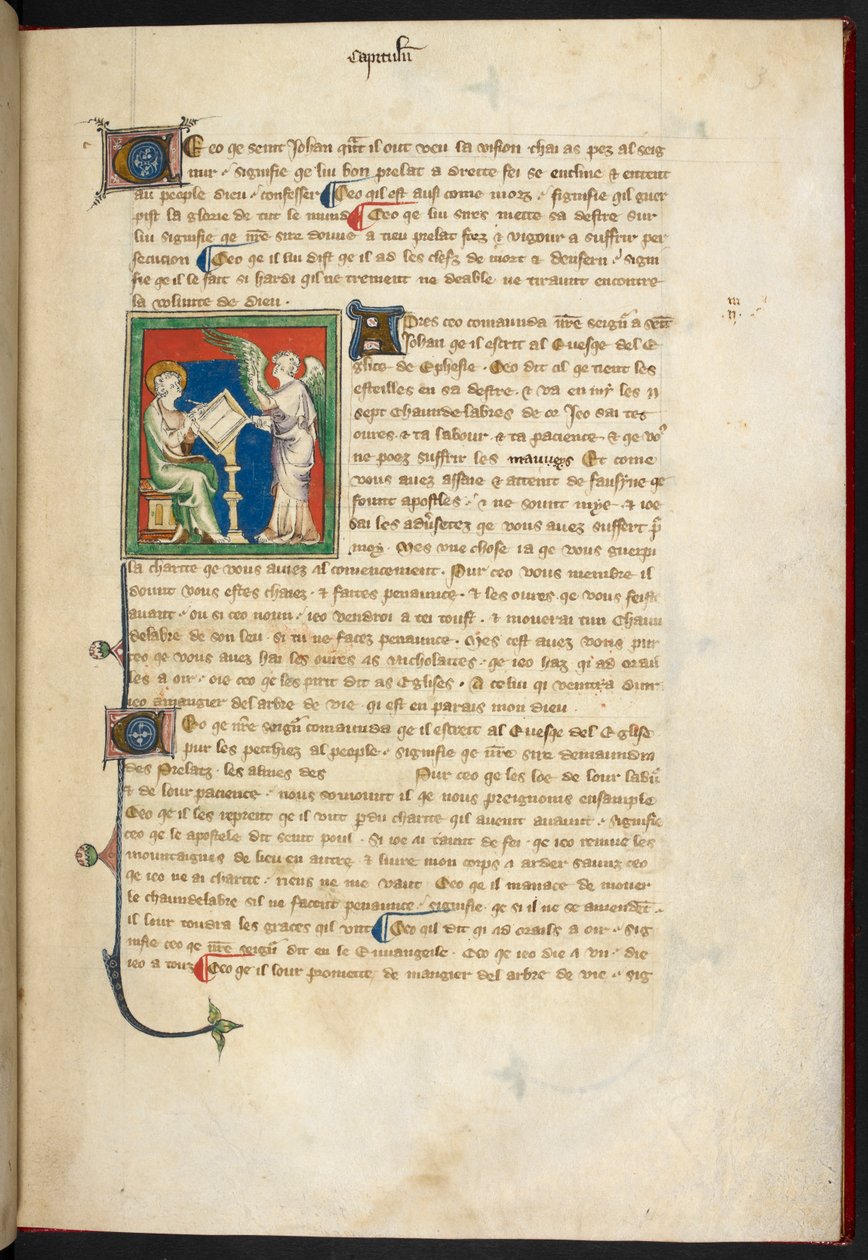 Royal 19 B.XV، f.3 يوحنا جالس يكتب ؛ ملاك يقف خلف مكتبه ، من "The Queen Mary Apocalypse" ، المدرسة الإنجليزية (القرن الرابع عشر) بواسطة مدرسة اللغة الإنجليزية