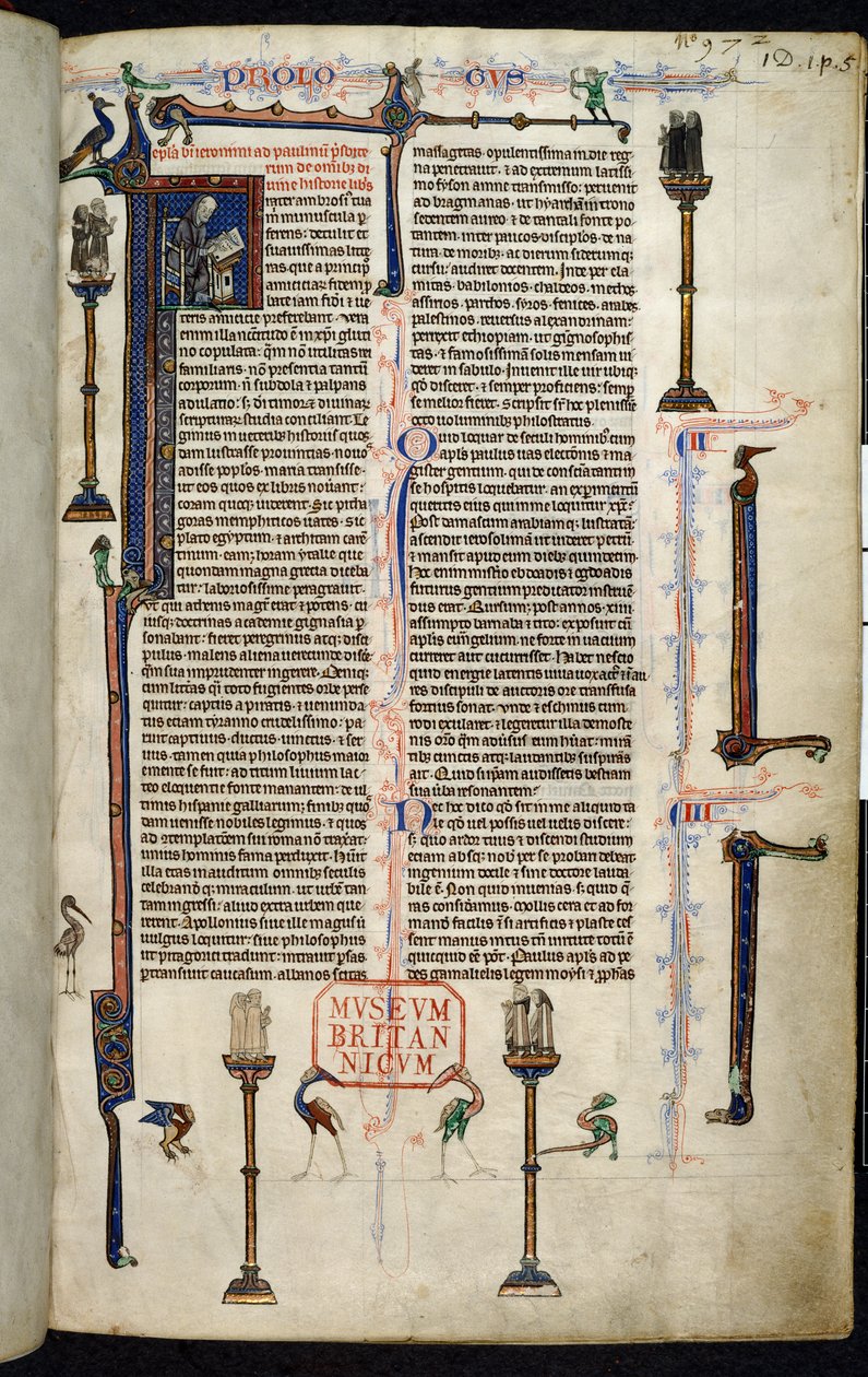 Royal 1 D I ، f.1r ، جيروم ، الرهبان على الأعمدة ، من إنجيل وليام ديفون (ورق) بواسطة مدرسة اللغة الإنجليزية
