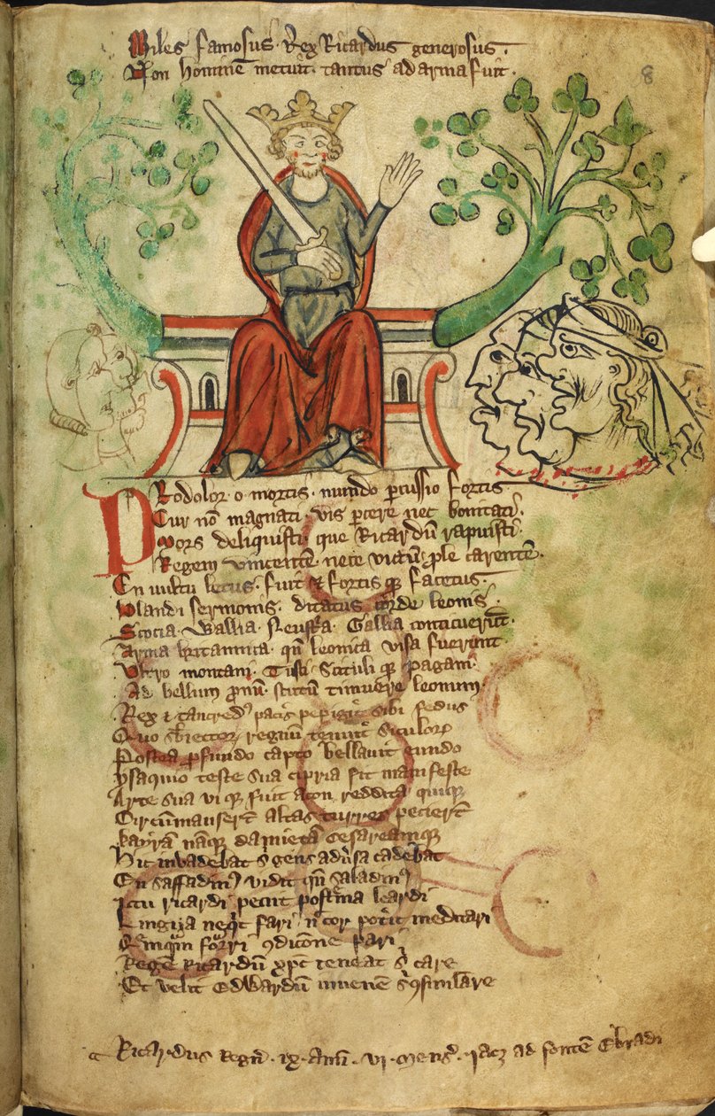 Royal 20 A. II f.8 الملك ريتشارد الأول بالسيف ، على عرشه ، رسم توضيحي من "تاريخ إنجلترا" ، بقلم بيتر دي لانغتوفت (ورق) بواسطة مدرسة اللغة الإنجليزية