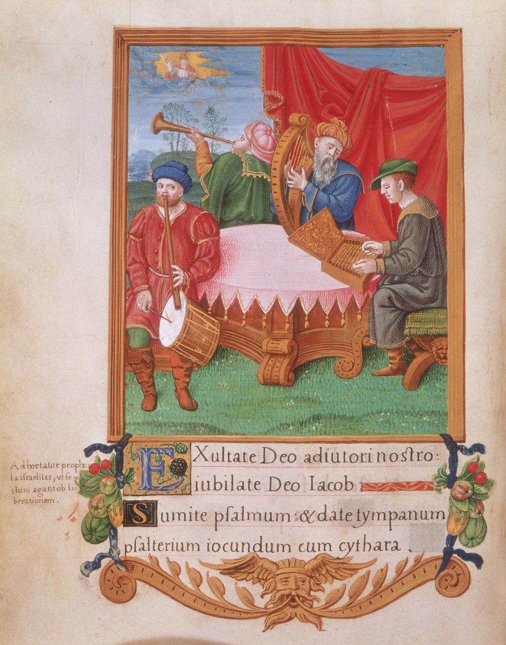 Royal 2 A.XVI fol.98v Tudor musicians، from the Psalter of Henry VIII، c.1530-47 (vellum) بواسطة مدرسة اللغة الإنجليزية