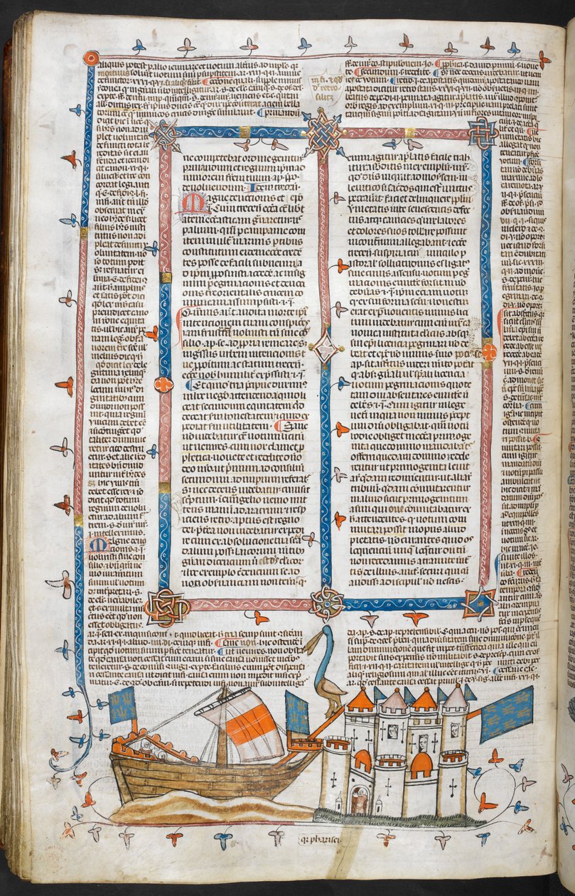 Royal MS 10 IV f.208v هجوم بحري وزخرفة هامشية ، رسم توضيحي من 