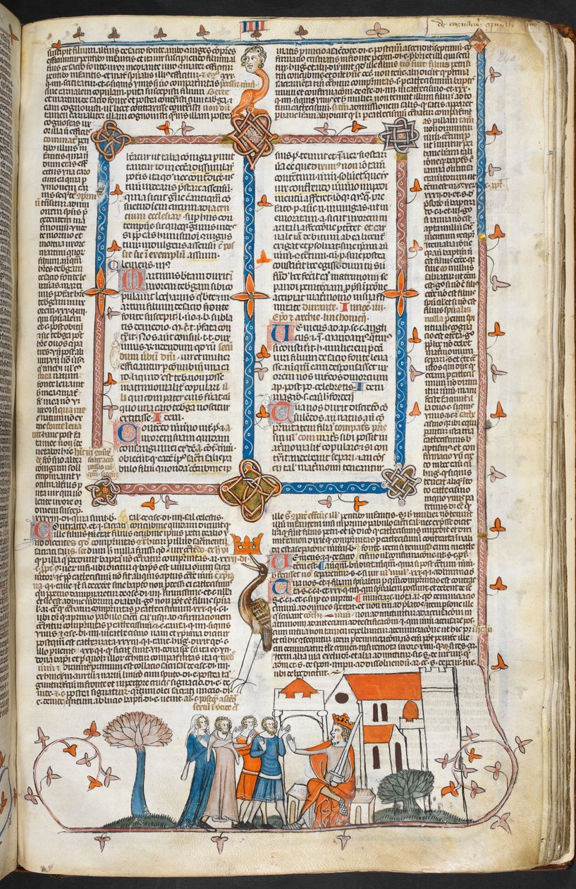 Royal MS 10 IV f.240r الملك يدافع عن قصره والزخرفة الهامشية ، رسم توضيحي من `` Decretals Smithfield Decretals 