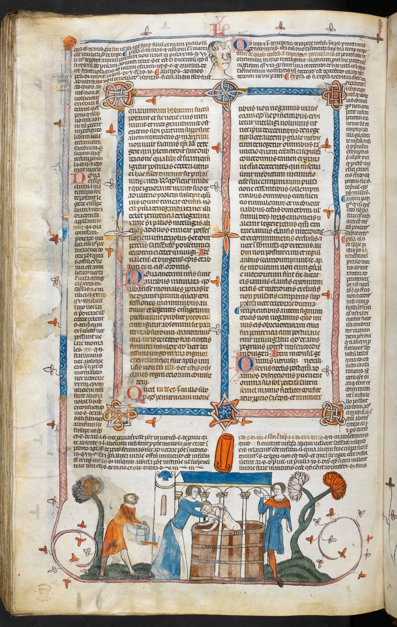Royal MS 10 IV f.297v الاستحمام ضحية الطاعون والديكور الهامشي ، رسم توضيحي من 'The Smithfield Decretals' (ورق) بواسطة مدرسة اللغة الإنجليزية