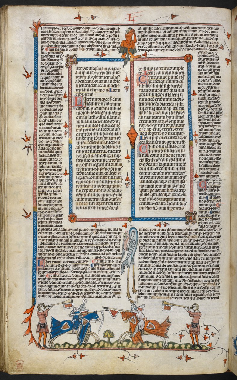 Royal MS 10 IV f.065v Knights Jousting مع زخرفة هامشية ، رسم توضيحي من 