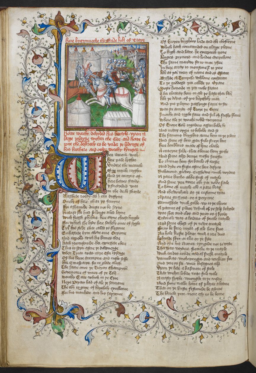 Royal MS 18 D II، f.66v، Miniature of Hector قتل Patroclus ، مع حرف "W" (دجاجة) أولي مضاء وحدود ورقي جزئية ، من كتاب Troy Book من تأليف John Lydgate ، c.1457-60 (ورق) بواسطة مدرسة اللغة الإنجليزية