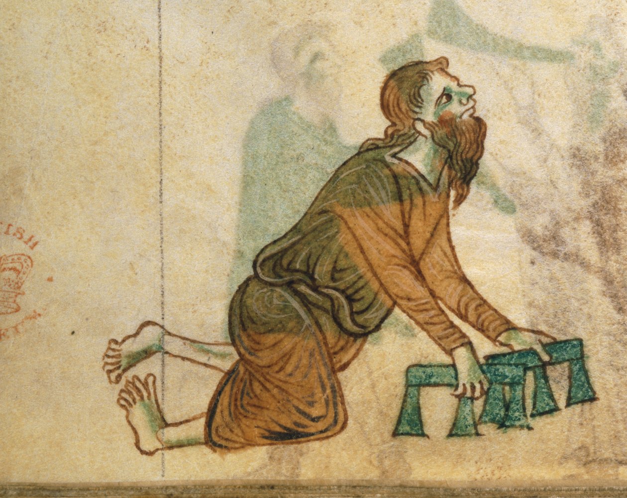Royal Ms 13 B VIII fol.30v رجل مشلول يزحف على ركبتيه ، من "Topographia Hibernica" بقلم جيرالد ويلز بواسطة مدرسة اللغة الإنجليزية