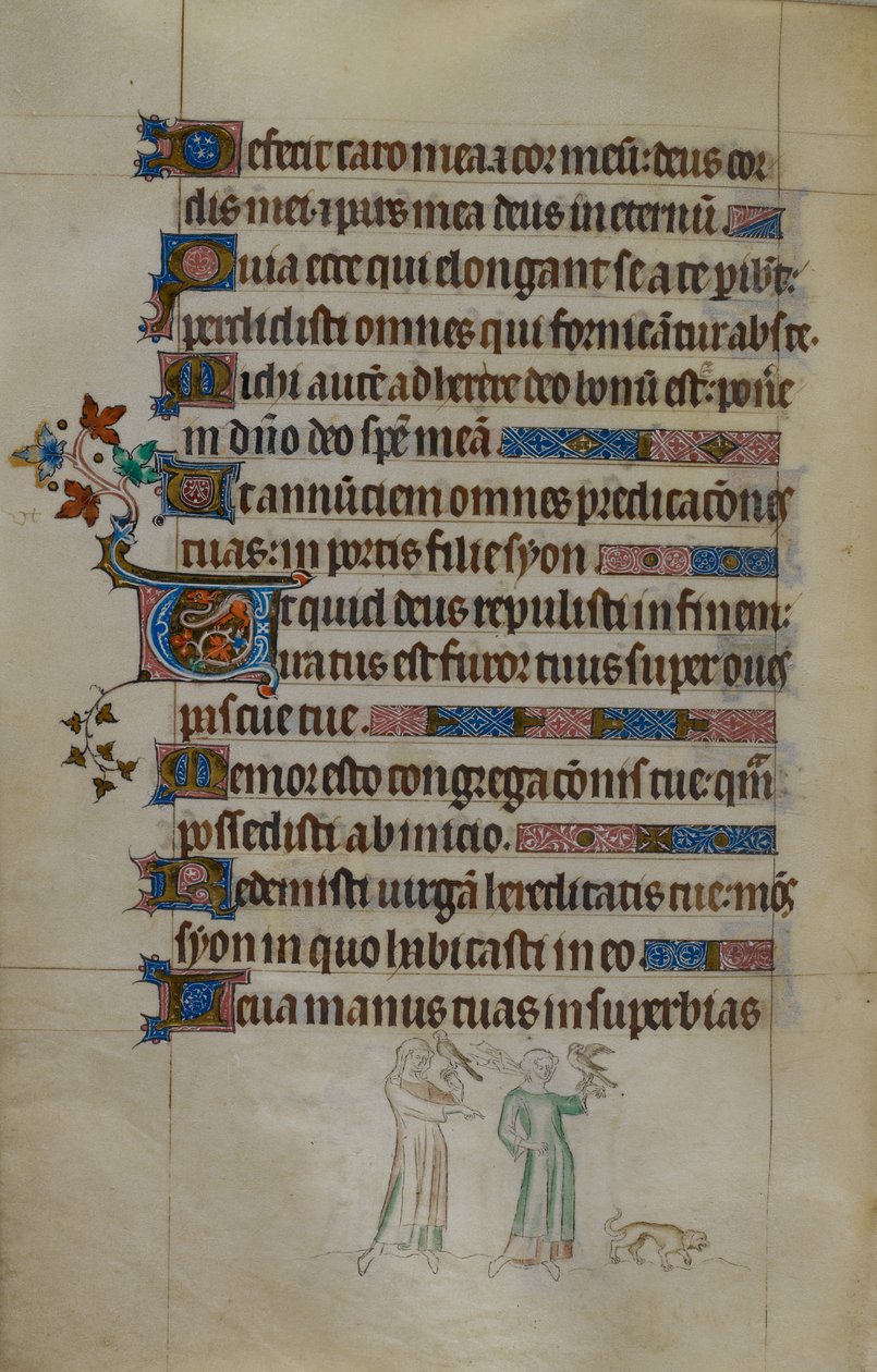Royal ms 2_B VII f.177v مشهد من أسفل الصفحة لامرأتين تحملان صقورًا ، وكلبًا صغيرًا أمامهما ، مع رسم أولي مأهول ، من "سفر مزامير الملكة ماري" بواسطة مدرسة اللغة الإنجليزية