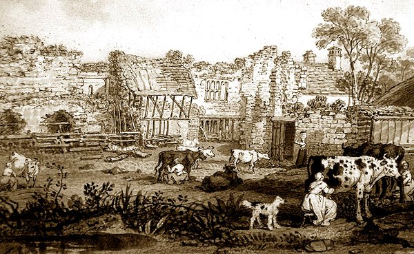 منزل مزرعة مدمر به أبقار حلوب ، حوالي 1800 (قلم وحبر بني داكن على ورق) بواسطة مدرسة اللغة الإنجليزية