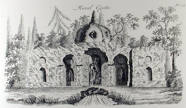 الكهف الريفي ، من 'Grotesque Architecture أو Rural Amusement' ، بقلم ويليام رايت ، نُشر حوالي 1767-90 (نقش) (صورة بالأبيض والأسود) بواسطة مدرسة اللغة الإنجليزية