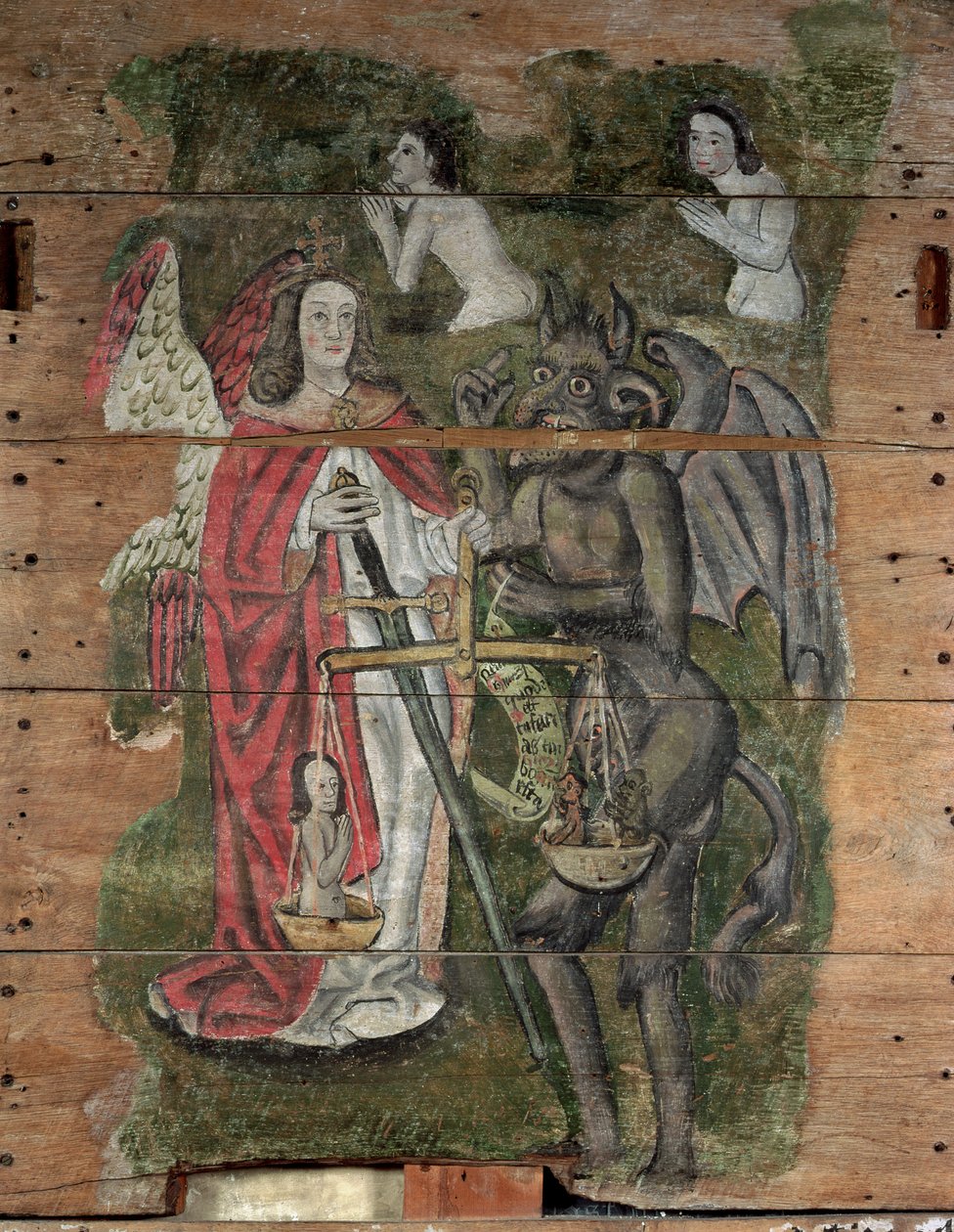 القديس ميخائيل والشيطان ، من Wenhaston Doom ، c.1500-20 (خشب مطلي) بواسطة مدرسة اللغة الإنجليزية
