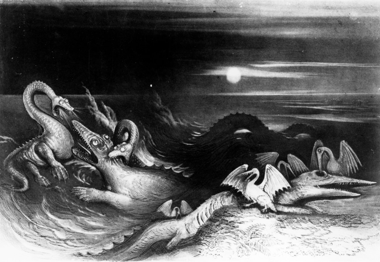 معركة وحوش البحر ، من فيلم "The Great Sea Dragons" للمؤلف توماس هوكينز ، 1840 (صور من وزن الجسم) بواسطة مدرسة اللغة الإنجليزية