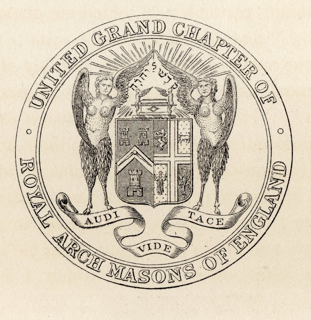 ختم الفصل الكبير المتحد من الماسونيين الأقواس الملكية في إنجلترا ، 1817 ، من "تاريخ الماسونية ، المجلد الثاني" ، نشره توماس سي جاك ، لندن ، 1883 بواسطة مدرسة اللغة الإنجليزية