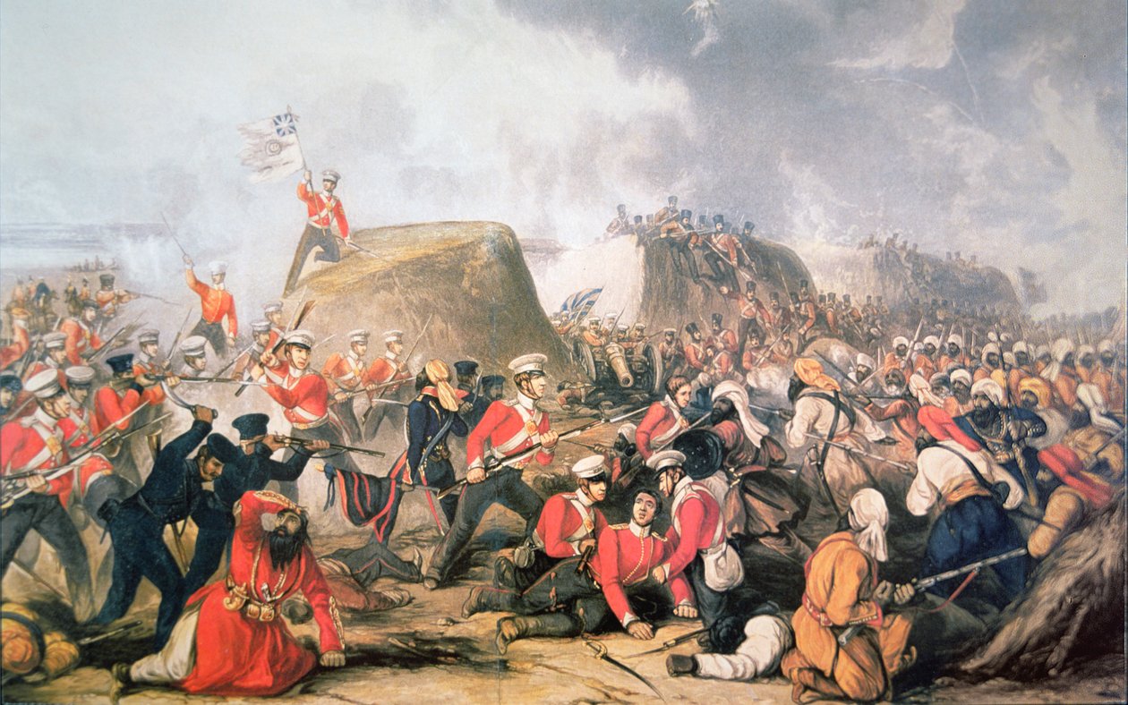 Sgt. McCabe raises the colours on the ramparts at the Battle of Sobraon (colour litho) بواسطة مدرسة اللغة الإنجليزية