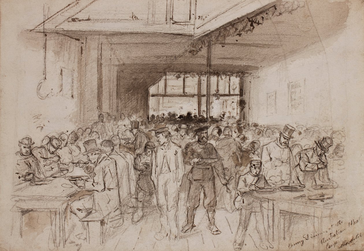 شورديتش ، عشاء بيني في شركة اللحوم الأسترالية ، c.1860 (قلم رصاص ، حبر وغسل على ورق) بواسطة مدرسة اللغة الإنجليزية