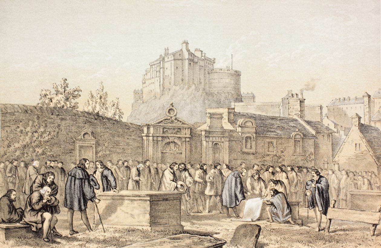 توقيع العهد في Greyfriars Churchyard ، إدنبرة في 1638 ، من "The Scots Worthies ووفقًا لـ Howie&39;s Second Edition ، 1781" ، بقلم جون هاوي (1735-1793) المنشور عام 1879 بواسطة مدرسة اللغة الإنجليزية