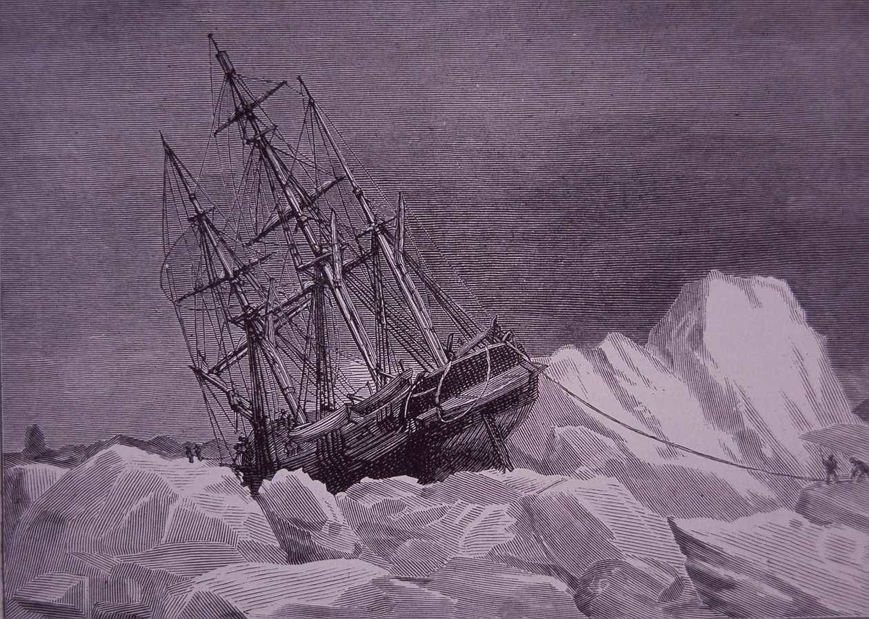 Sir John Franklin, expedition of 1845 to find Northwest Passage, ship Terror stuck in ice, late 19th century (engraving) بواسطة مدرسة اللغة الإنجليزية