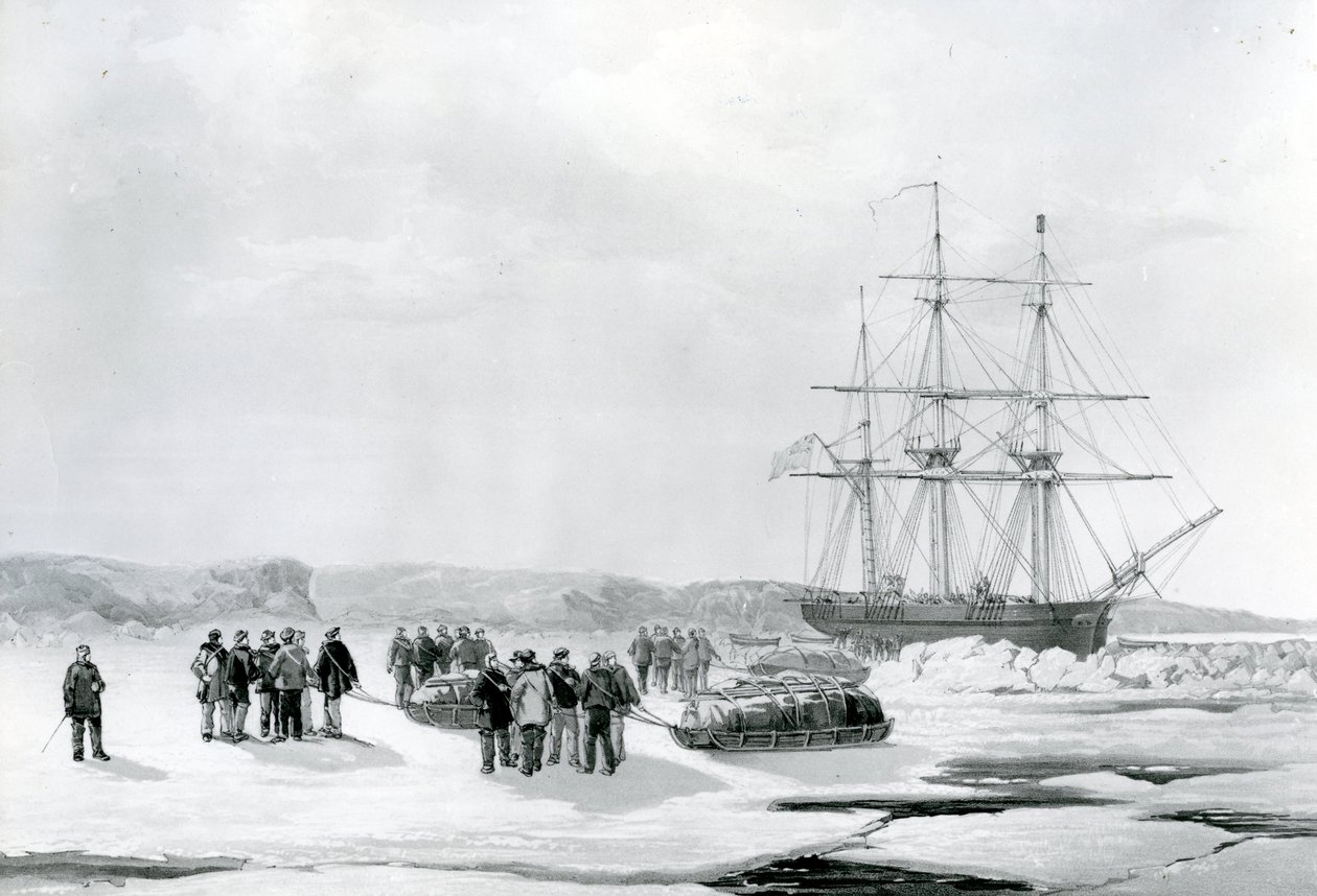 حزب زلاجة يغادر HMS Investigator في Mercy Bay ، تحت قيادة الملازم Gurney Creswell (الطباعة الحجرية) بواسطة مدرسة اللغة الإنجليزية
