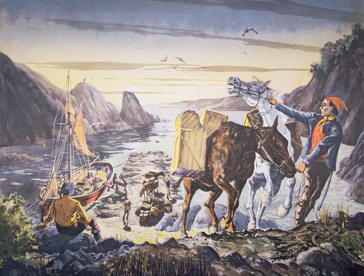 Smugglers loading contraband on their ponies for the journey inland (litho) بواسطة مدرسة اللغة الإنجليزية
