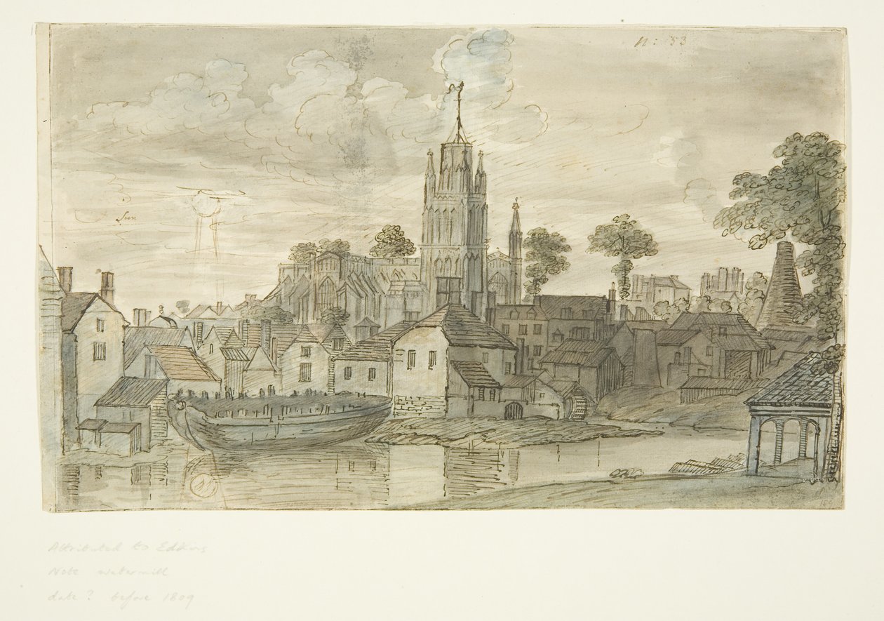 كنيسة القديسة ماري ريدكليف من Redcliffe Back (مع رسم بالقلم والحبر للأسد على الجانب الخلفي) (قلم رصاص وألوان مائية على ورق) بواسطة مدرسة اللغة الإنجليزية