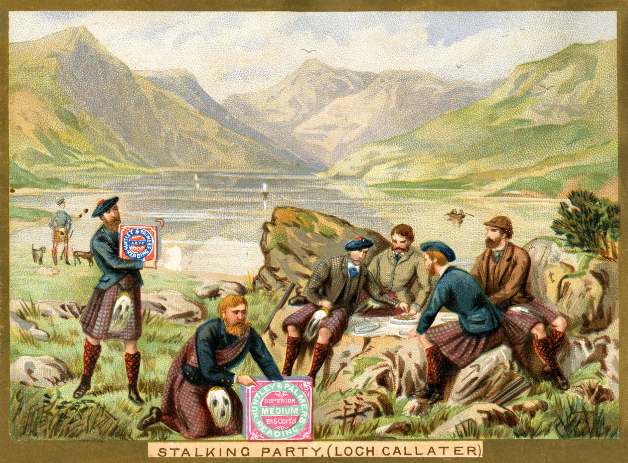 Stalking Party ، Loch Callater ، بطاقة ترويجية لبسكويت Huntley & Palmers ، c.1890 (لون ليثو بواسطة مدرسة اللغة الإنجليزية