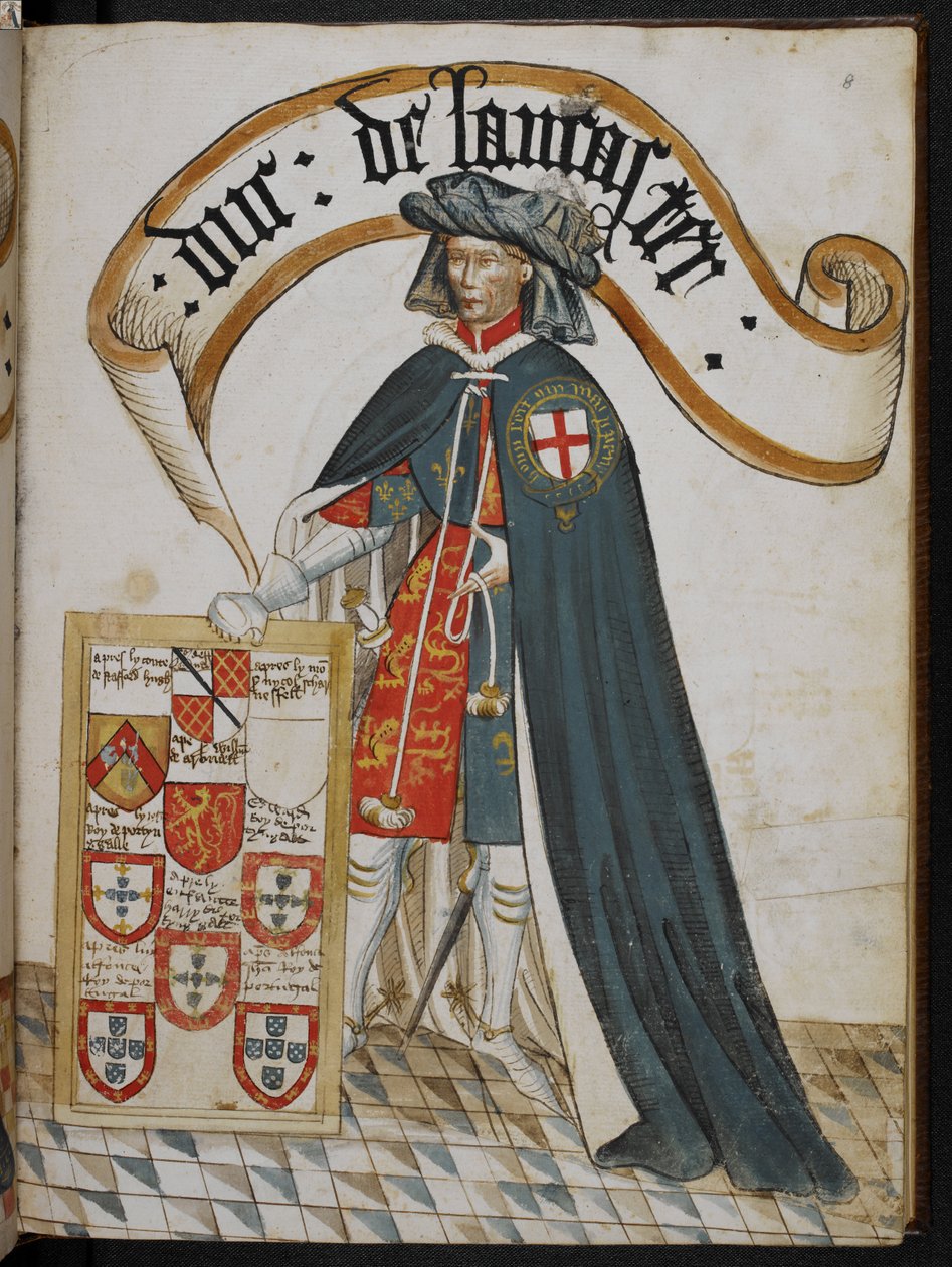 Stowe 594 f.8 ، صورة هنري ، دوق لانكستر ، مؤسس فارس من وسام Garter ، رسم توضيحي من 