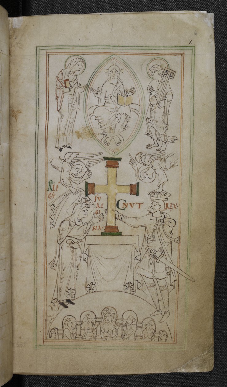 Stowe 944 f.6 King Cnut وملكته Aelfgyfu ، يقدمان صليبًا على مذبح الوزير الجديد ، 