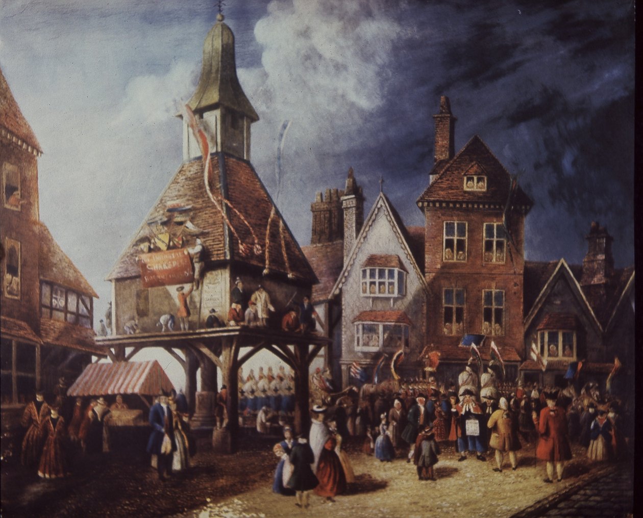 Stratford-on-Avon, Shakespeare Jubilee in 1769 at the High Cross (colour litho) بواسطة مدرسة اللغة الإنجليزية