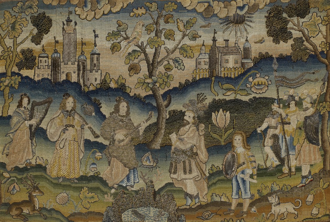 Stumpwork with Scene of Five Musicists in Garden with Tree ، منتصف القرن السابع عشر (قماش) بواسطة مدرسة اللغة الإنجليزية