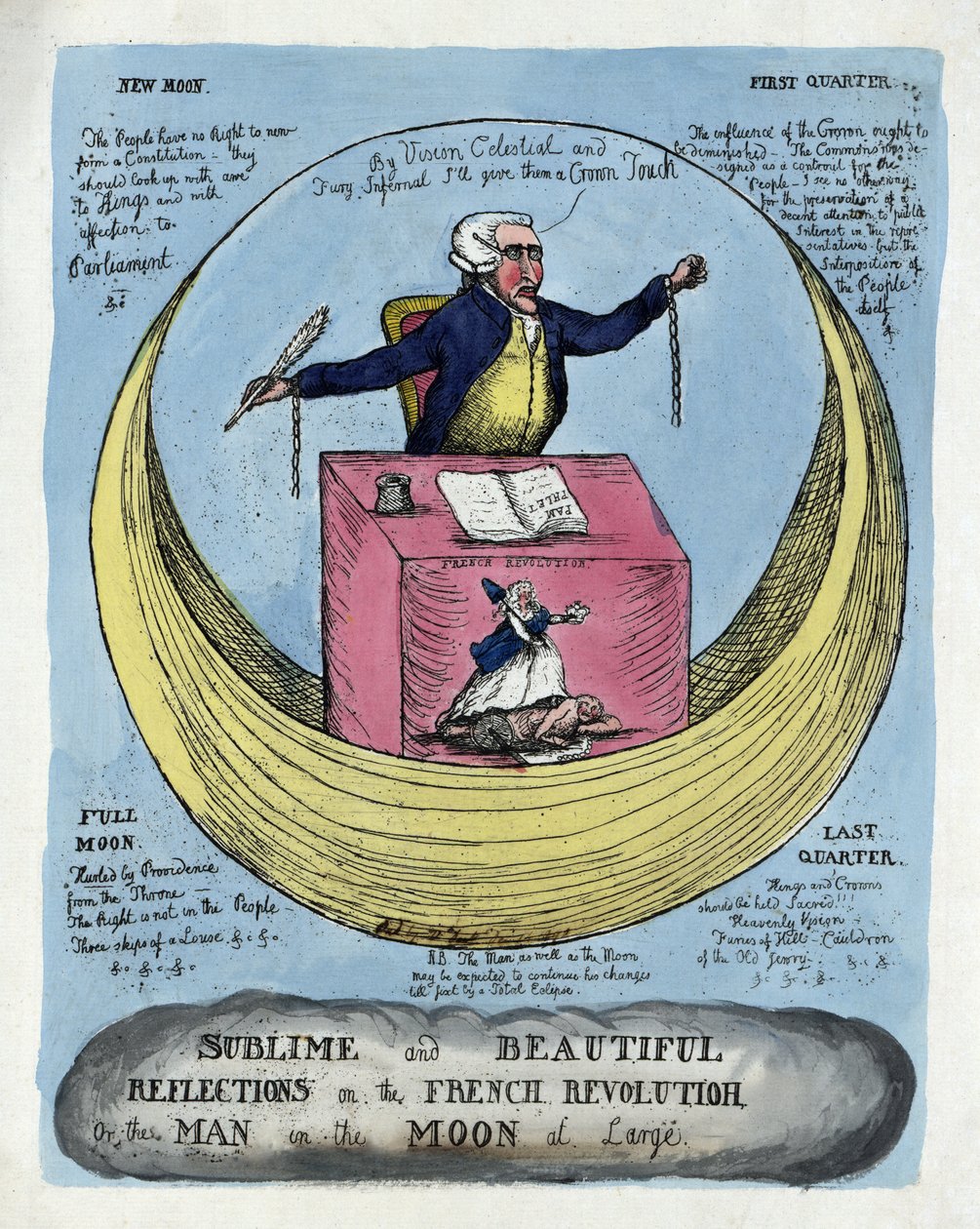 تأملات سامية وجميلة عن الثورة الفرنسية ، أو الرجل في القمر على نطاق واسع ، حانة. 1790 (نقش ملون يدوي) بواسطة مدرسة اللغة الإنجليزية