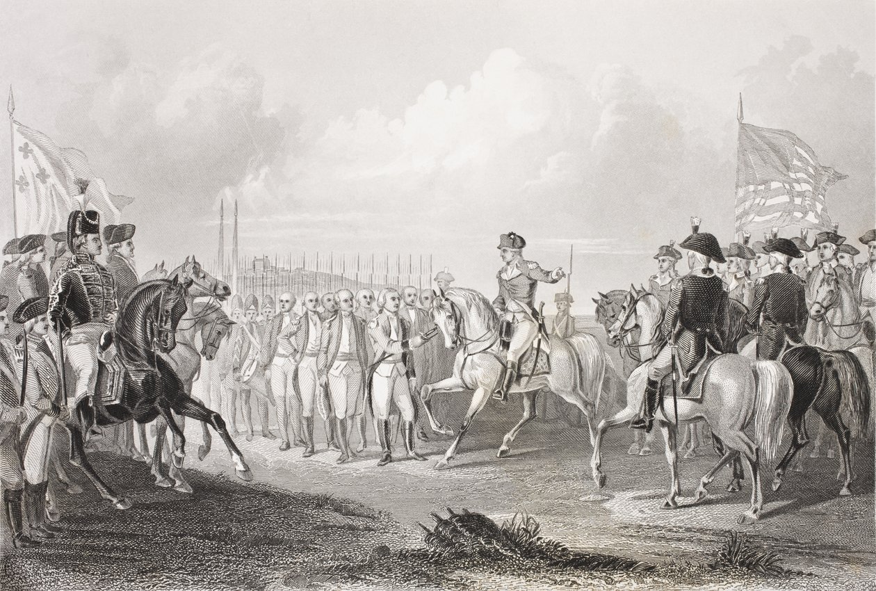 استسلام اللورد كورنواليس في يورك تاون ، فيرجينيا ، 19 أكتوبر 1781 ، من "معرض الصور التاريخية" ، تم نشره عام 1880 بواسطة مدرسة اللغة الإنجليزية