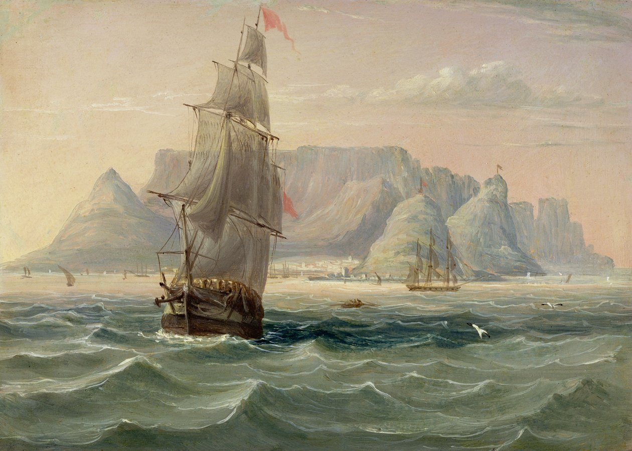 تيبل ماونتن ، كيب تاون ، من البحر ، 1820 (زيت على البطاقة) بواسطة مدرسة اللغة الإنجليزية
