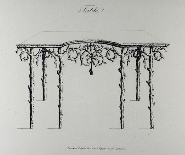 الجدول ، من "Grotesque Architecture ، أو Rural Amusement" ، بقلم William Wrighte ، نُشر عام 1768 (نقش) (صورة b / w) بواسطة مدرسة اللغة الإنجليزية
