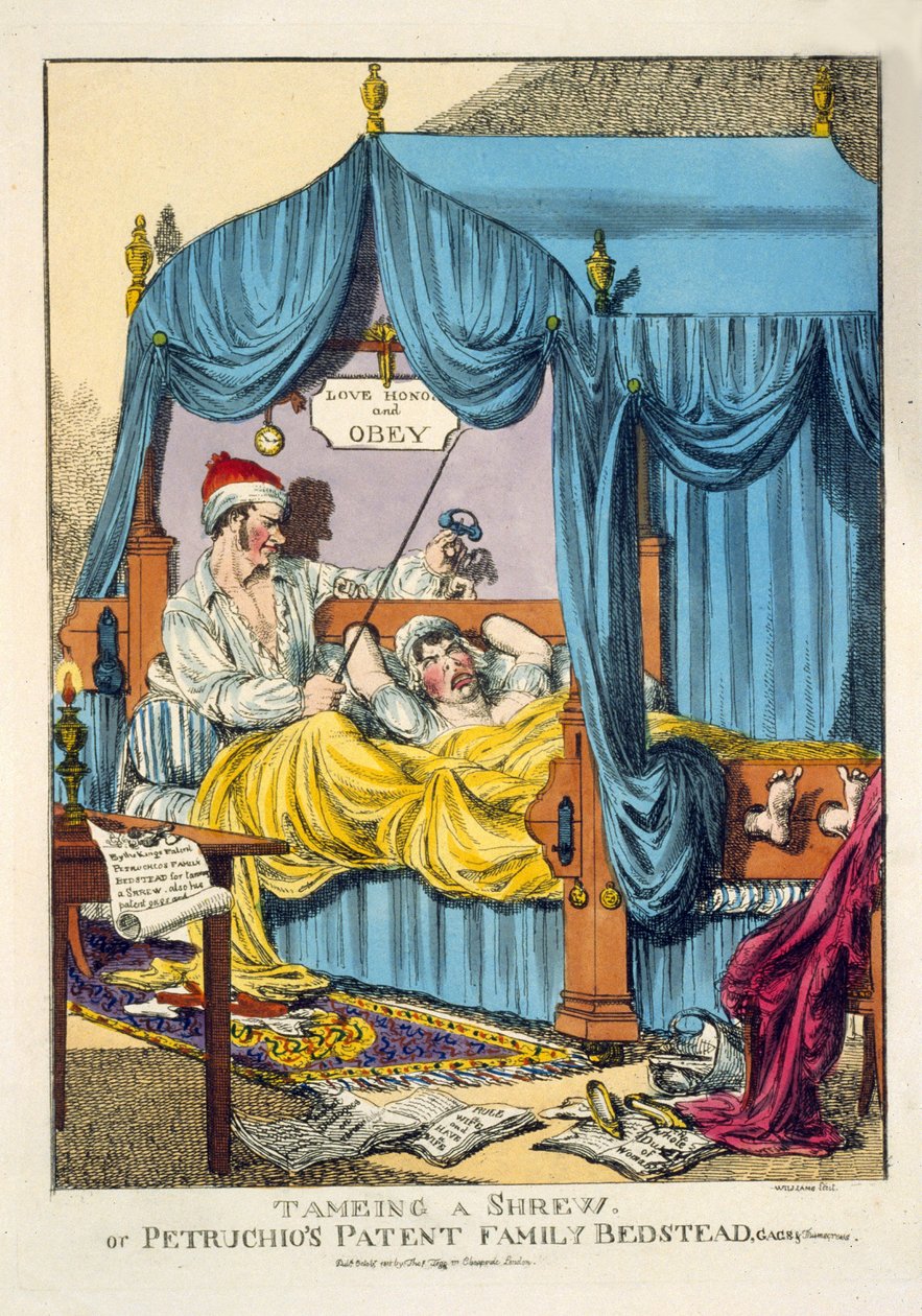 ترويض النمرة أو سرير عائلة براءات الاختراع من Petruchio ، Gag & Thumscrews ، حانة. لندن 1815 (نقش) بواسطة مدرسة اللغة الإنجليزية