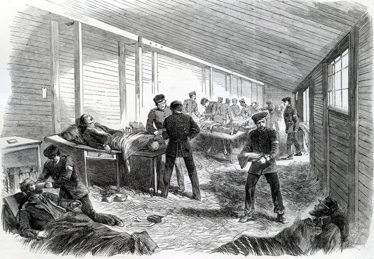 المستشفى الميداني المؤقت خلف المتوازي البروسي الثاني في Dueppel ، 1864 بواسطة مدرسة اللغة الإنجليزية