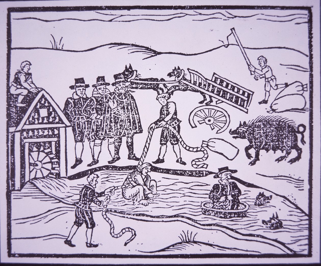 Testing witches by throwing them in a river (woodcut) بواسطة مدرسة اللغة الإنجليزية