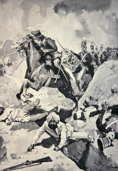 يقود ثاكويل الفرسان الخفيفين الثالث من خلال أعمال الحفر السيخية ، معركة سوبراون بواسطة مدرسة اللغة الإنجليزية