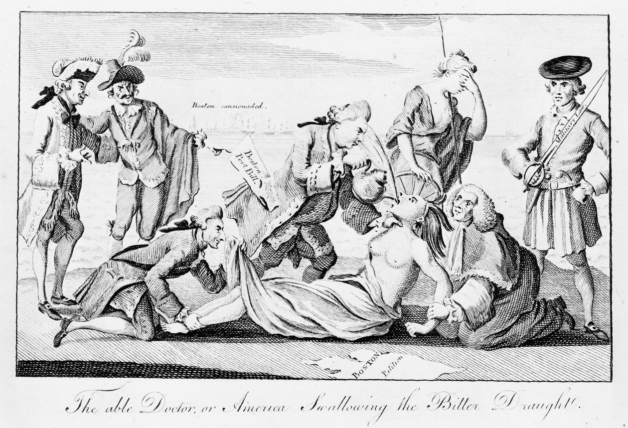 The Able Doctor ، أو America Swallowing the Bitter Draft ، المنشور في مجلة لندن ، 1 مايو 1774 (ورق الصحف) بواسطة مدرسة اللغة الإنجليزية