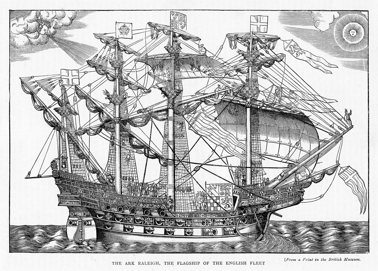 The Ark Raleigh ، الرائد من الأسطول الإنجليزي ، من "وقت الفراغ" ، 1888 (النقش) بواسطة مدرسة اللغة الإنجليزية
