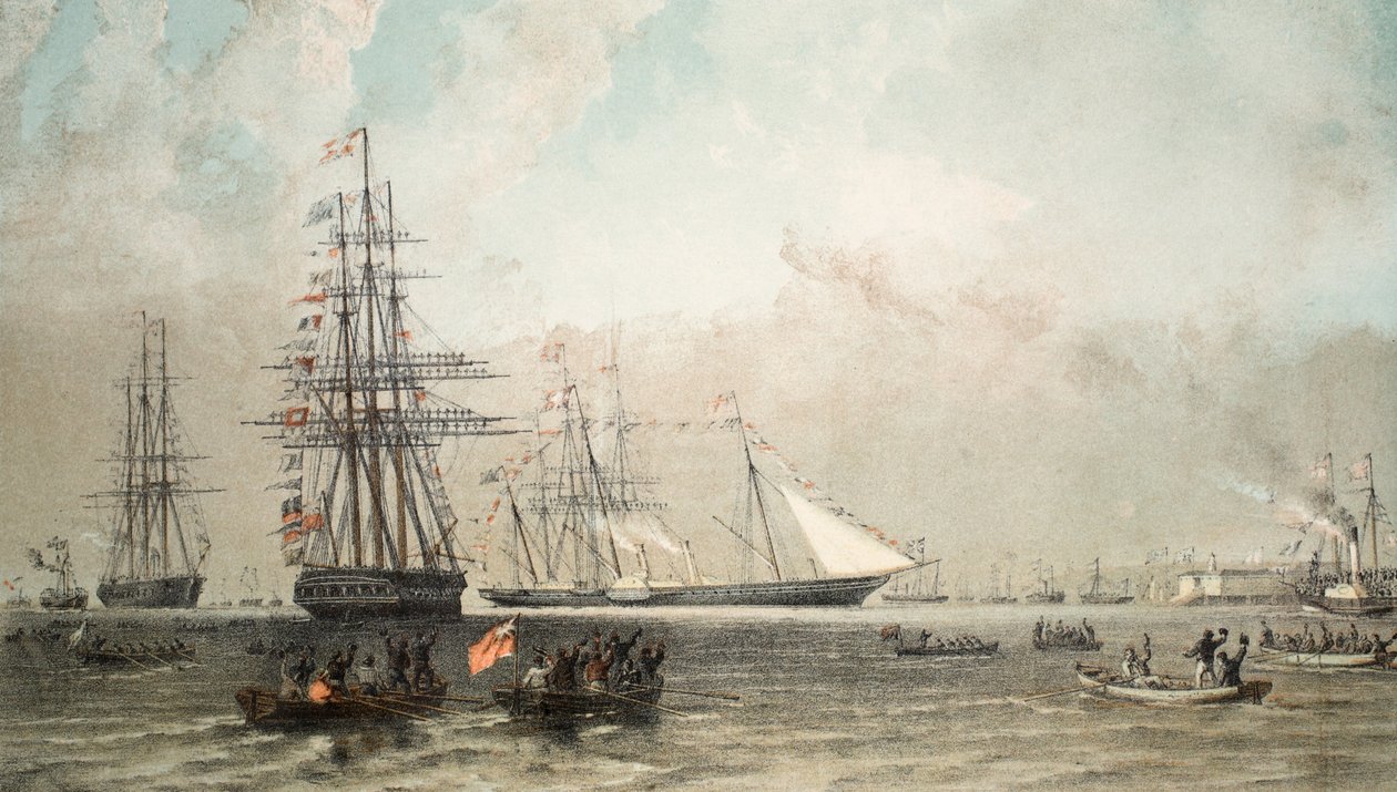وصول اليخت الملكي قبالة جرافسيند ، 7 مارس 1863 ، من نصب تذكاري لزواج إدوارد السابع وألكسندرا من الدنمارك ، حانة. 1864 بواسطة مدرسة اللغة الإنجليزية
