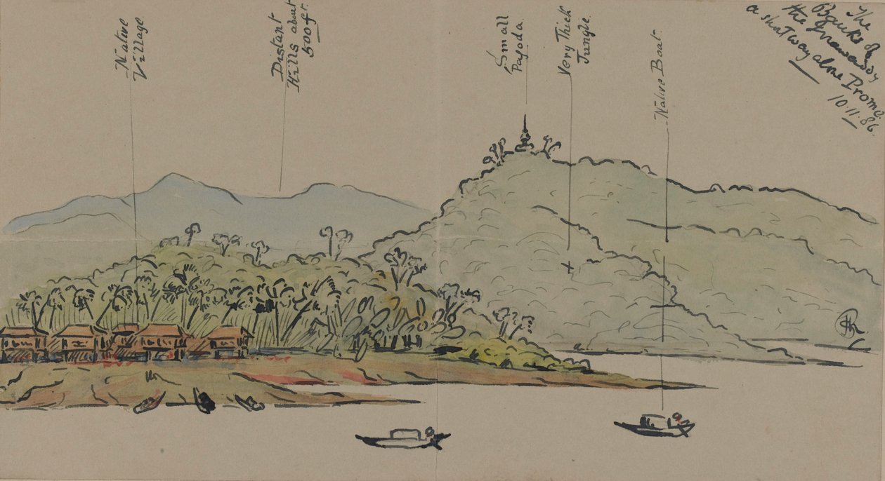 ضفاف إيراوادي ، بورما ، 1886 (مرحاض مع قلم وحبر على ورق) بواسطة مدرسة اللغة الإنجليزية