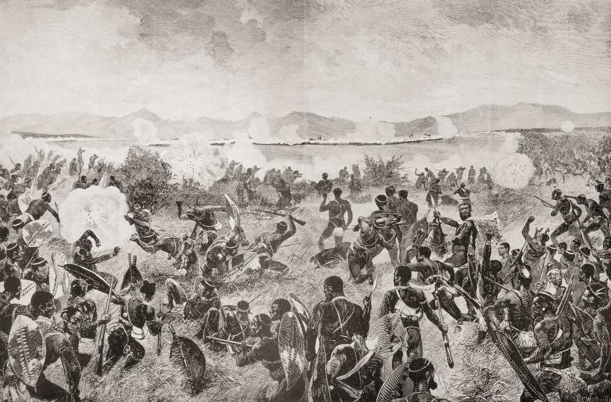 معركة أولوندي في عام 1879 تُظهر الاندفاع الأخير للزولوس والميدان البريطاني على مسافة بعيدة، من quot;جنوب أفريقيا وحرب الترانسفال: المجلد. 1#39; بقلم لويس كريسويك، نُشر عام 1900 (ليثو) بواسطة مدرسة اللغة الإنجليزية