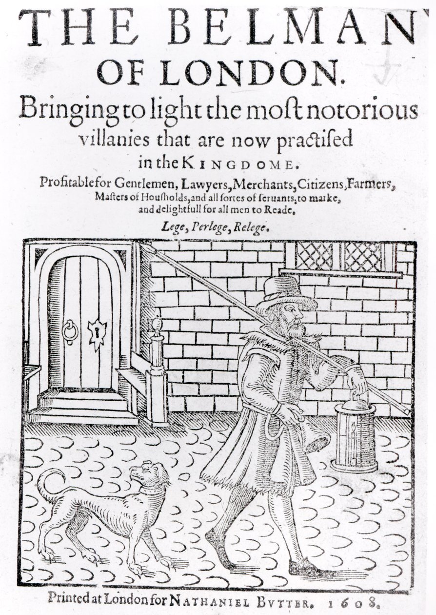 The Bellman of London ، بواسطة Thomas Dekker (c.1570-c.1641) صفحة العنوان ، طبعتها Nathaniel Butter ، 1608 بواسطة مدرسة اللغة الإنجليزية