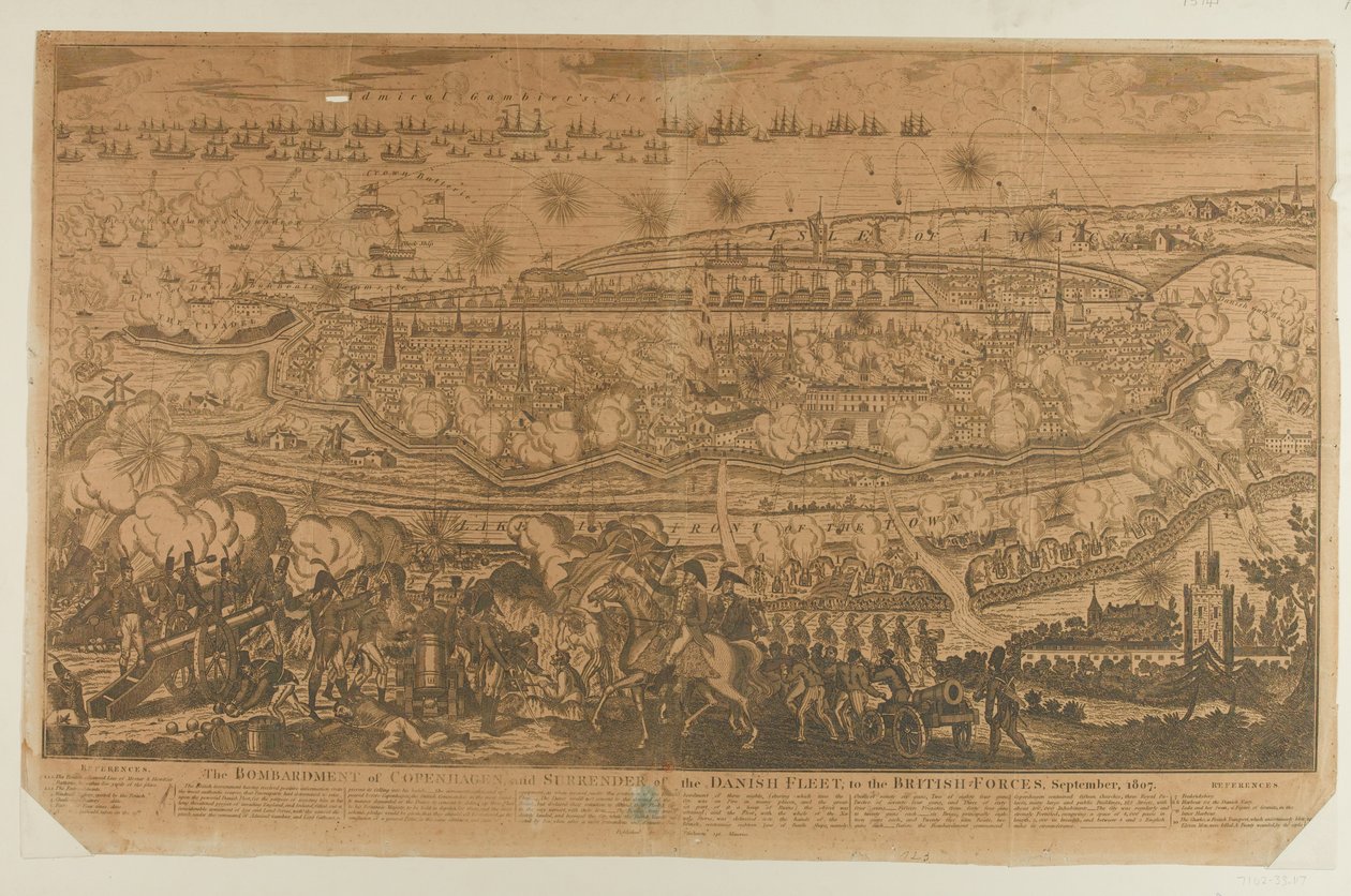 قصف كوبنهاجن واستسلام الأسطول الدنماركي ، سبتمبر 1807 ، نشره جون فيربورن في 1807 بواسطة مدرسة اللغة الإنجليزية